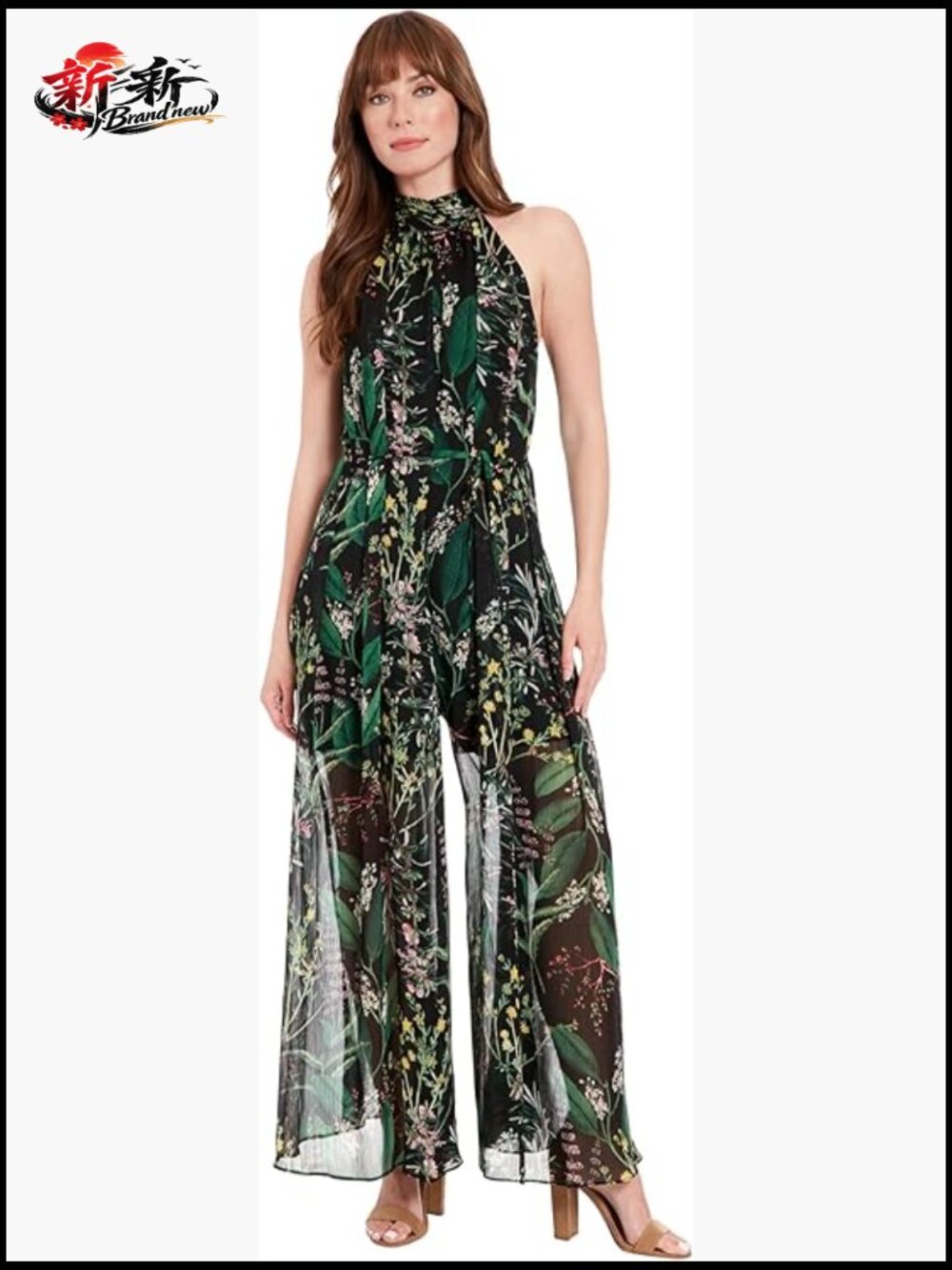 Ruched Collar Halter-Neck Maxi Jumpsuit, 100% Polyester, Flowy Wide-Leg